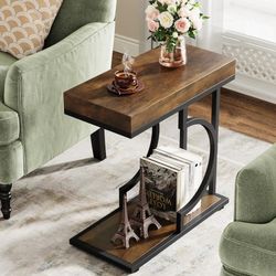 End Table for Couch, Sofa Side Table, C Table for Small Space, Living Room, Bedroom (2, Walnut Brown