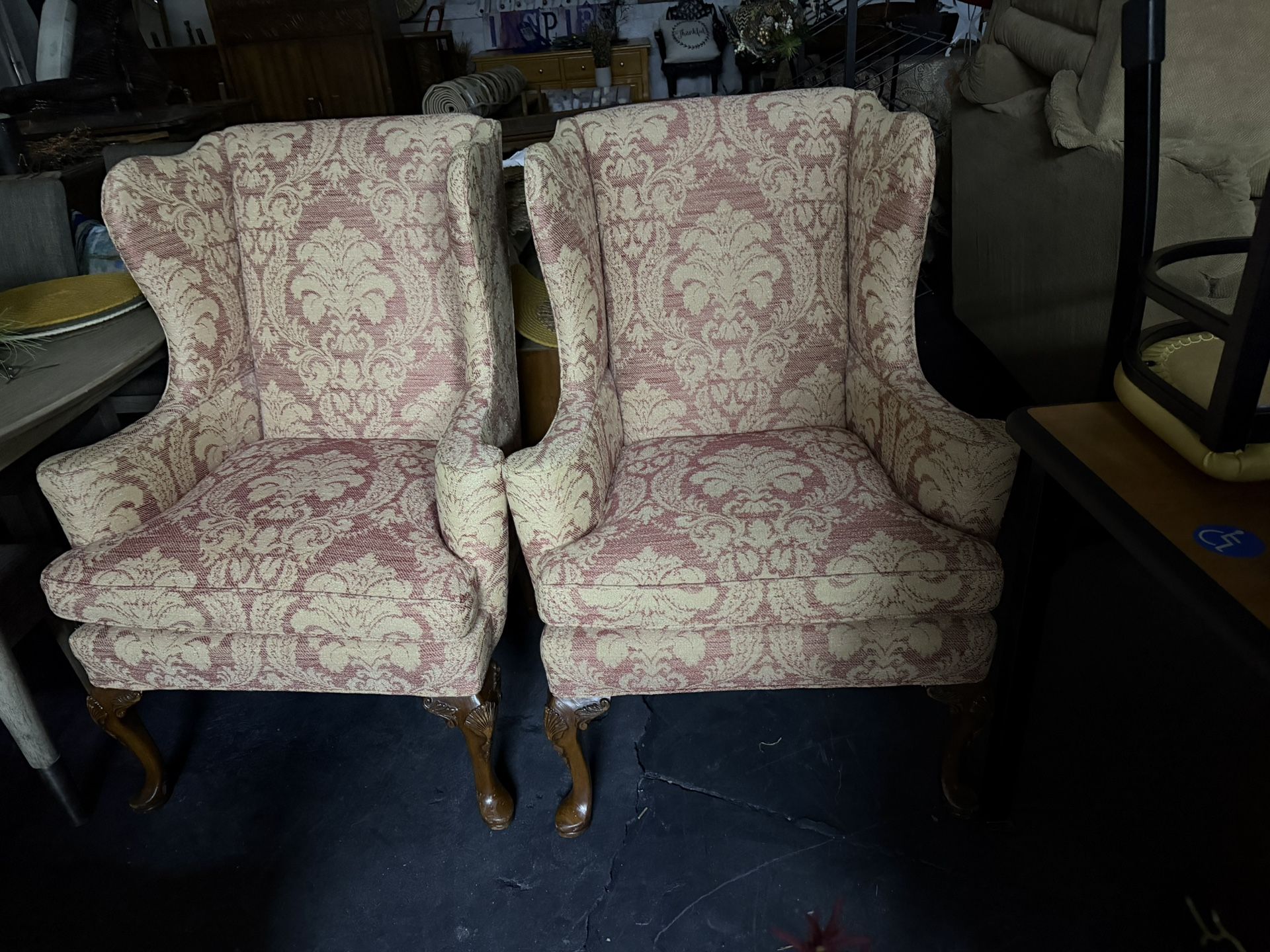 Beautiful Vintage Wingback Chairs – Set of 2. Sturdy, comfortable, and upholstered in damask pattern
