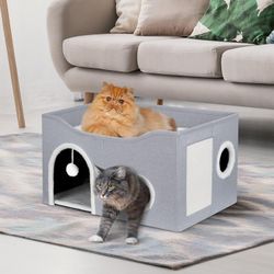 Large Cat Bed Hideaway Foldable Condo Scratch Pad Fluffy Ball Cave House Indoor Cats