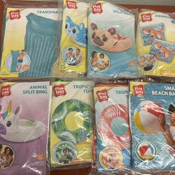 Pool Beach Ball/Tubes/Mat Lot 8 Pcs! Plus 6 Bubble Sticks! 