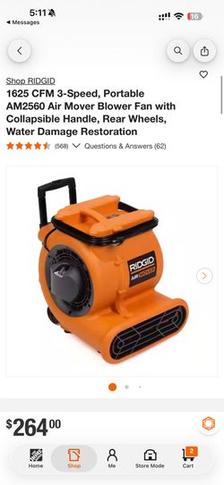 RIDGID 1625 CFM 3-Speed, Portable AM2560 Air Mover Blower Fan with Collapsible Handle, Rear Wheels, Water Damage Restoration
