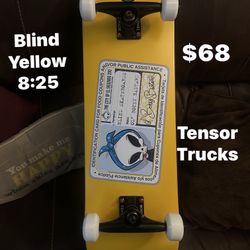 Skateboard Yellow Blind 8:25 $65 Tensor Trucks 