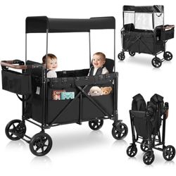 Brand New    Stroller Wagon for 2 Kids with Rain Cover, High Seats & 5-Point Harness, Foldable All-Terrain Toddler Wagon Stroller with Adjustable Cano