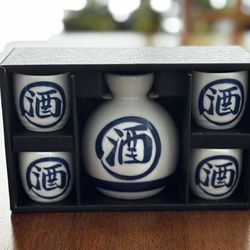 Japanese Hand Painted Porcelain Cobalt Blue Sake Set