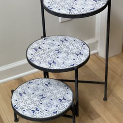 Iron and Ceramic Tile, Foldable Plant Stand, Blue & White