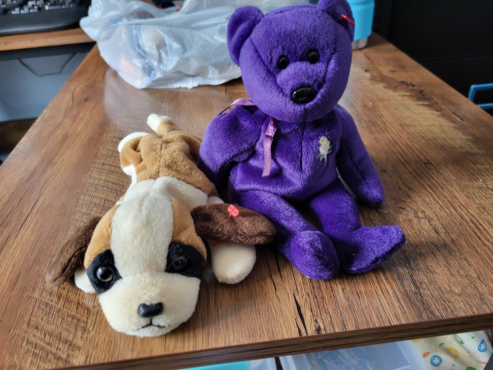 2 Must Have TY Beanie Babies Missing Tags: Purple Ptincess Bear and Bernie A Beanie Baby Original