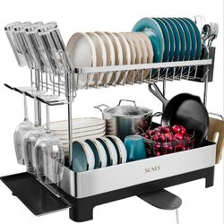  2 Tier Dish Drying Rack, Extra Large Dish Rack, Multifunctional Large Dish Drainers for Kitchen Counter, 304 Stainless Steel Kitchen Drying Rack, Bow