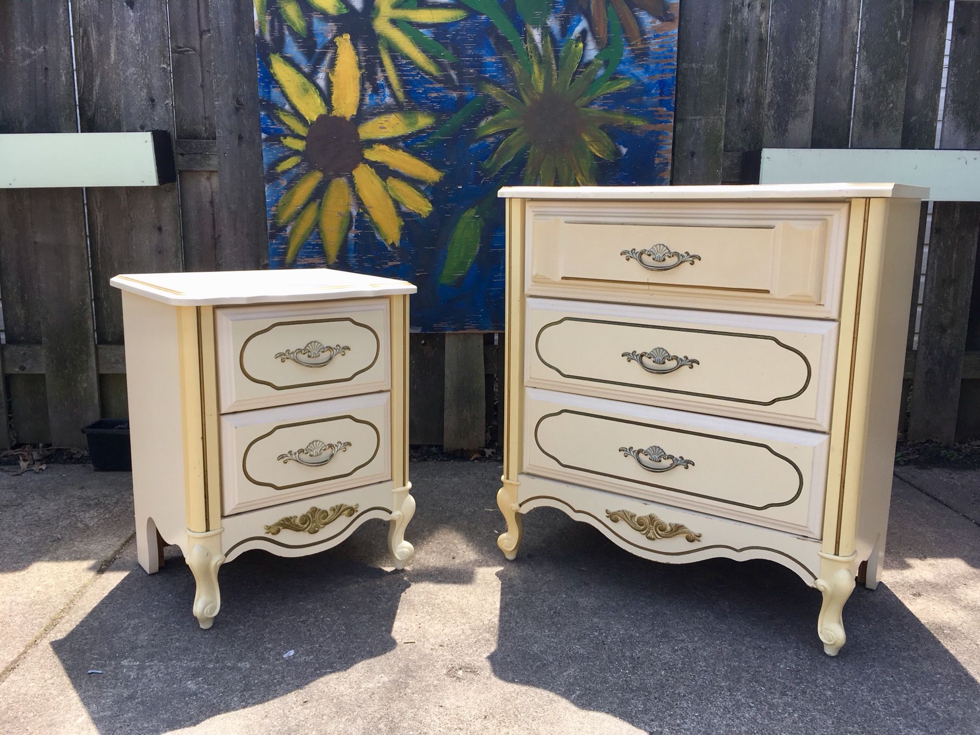 Kemp Furniture Industries nightstand and matching three drawer dresser. French provincial. Vintage