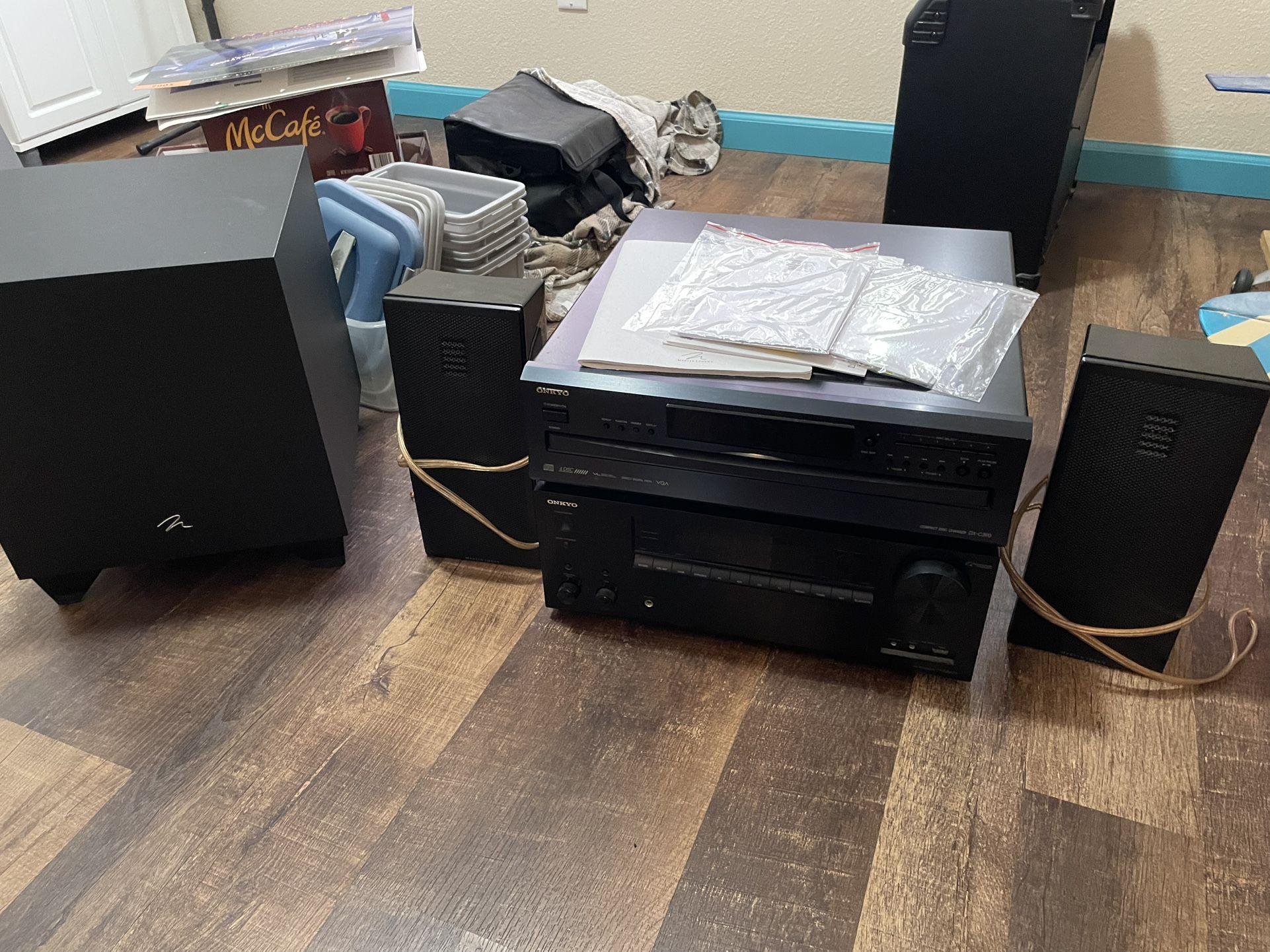 Onkyo Receiver, Cd/radio Player, 400watt Dynamo Sub Woofer, And Speakers