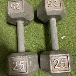 Two (2) 25lb Hex Dumbbells