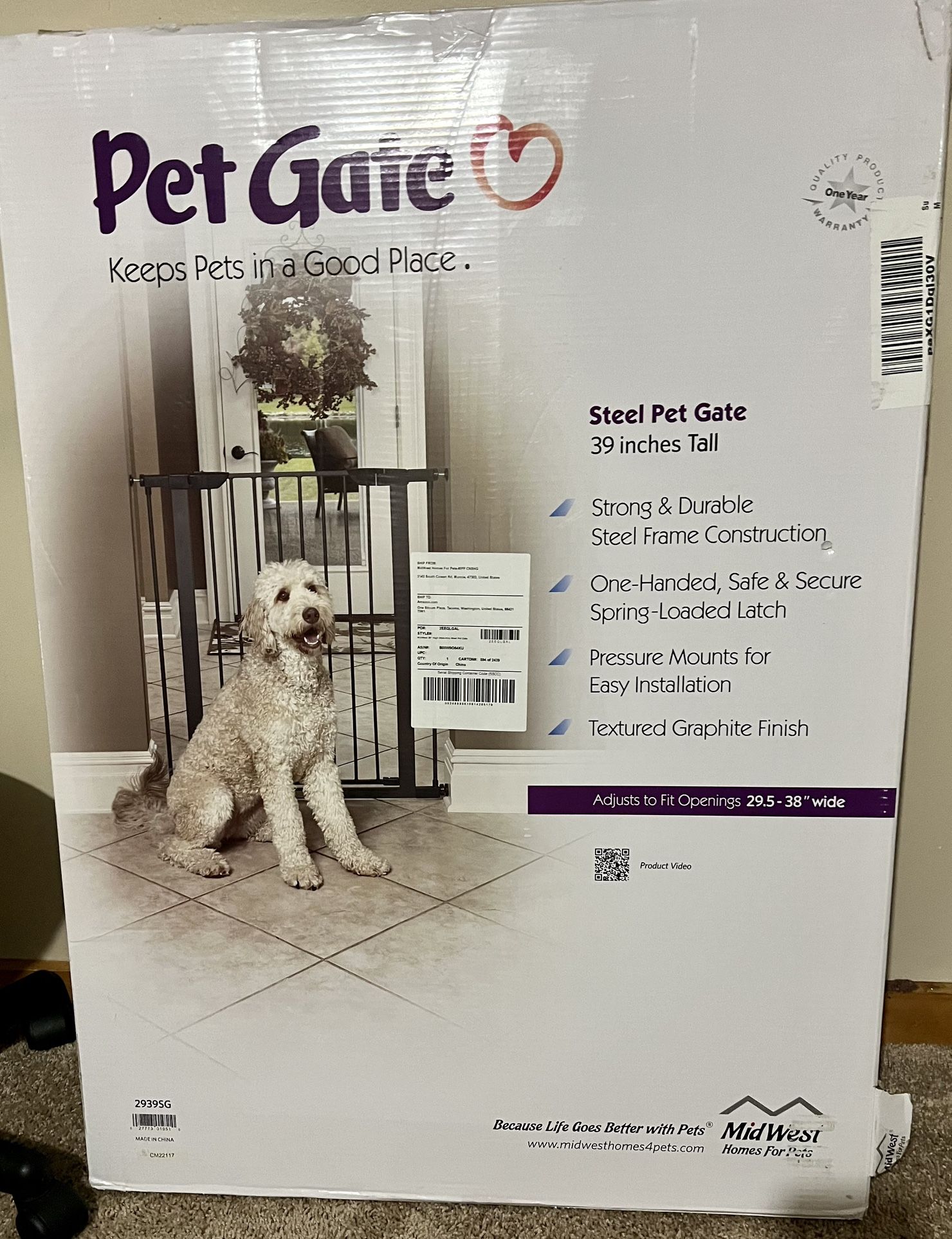 MidWest Homes for Pets 39 Inches Tall Walk-Through Steel Pet Gate, Pressure Mounted Dog Gate Measure