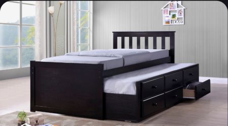 Twin Size Bed Frame With Trundle And 3 drawers color espresso or white