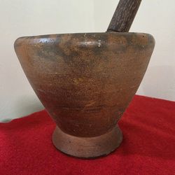 Large Heavy Antique Primitive Apothecary Red Clay Mortar & Wood Pestle Excellent