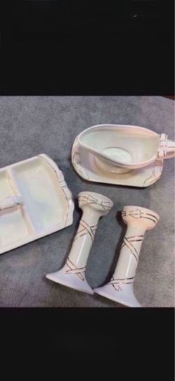CA. EVERYDAY GIBSON CANDLE STICKS, GRAVY BOAT WITH TRAY, & 3 COMPARTMENT TRAY