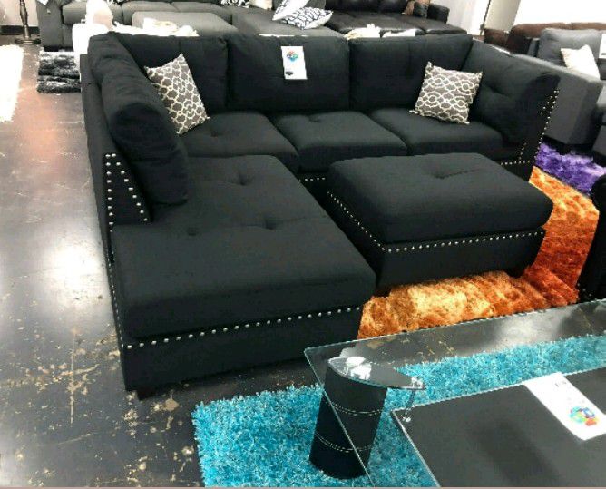 Brand New Black Linen Sectional Sofa +Ottoman (New In Box) 