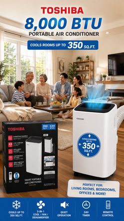 ❄️ Stay Cool This Summer!  NEW Toshiba 8,000 BTU Portable Air Conditioner  ✅ Cools rooms up to 350 Sq. Ft.  ✅ 3-in-1: Air Conditioner • Fan • Dehumidi