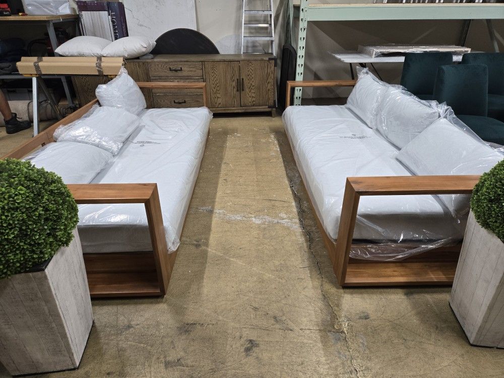 Brand New Outdoor Conversation set RH Marbella Set Dupe set w light gray cushion In Solid FSC Certified Wood