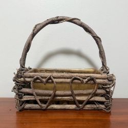Primitive Rectangle Rustic Stick Twig Basket With Handle And Vine Hearts Home Garden Planter Decor