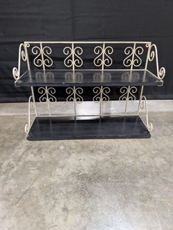 Ornate Scrollwork Metal and Wood Two-Tiered Stand