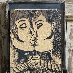 Handmade Wall Art Kiss Scratched In Black And White