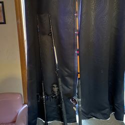 3 Fishing  Poles, Fishing Box , Simms Fishing Suit 