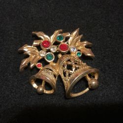 Goldtone Christmas Bell Brooch With Rhinestones,by Avon