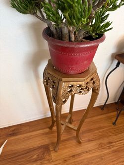 Antique Gold Carved Wood Plant Stand Pedestal  3 ft  tall