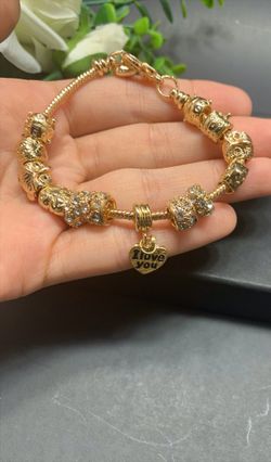 18K Gold Plated Crystal Rhinestone Star Love Heart Charm Bracelet, I love you