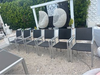Outdoor Patio Tempered Frosted Glass Aluminum Table with 6 Aluminum Framed Chairs