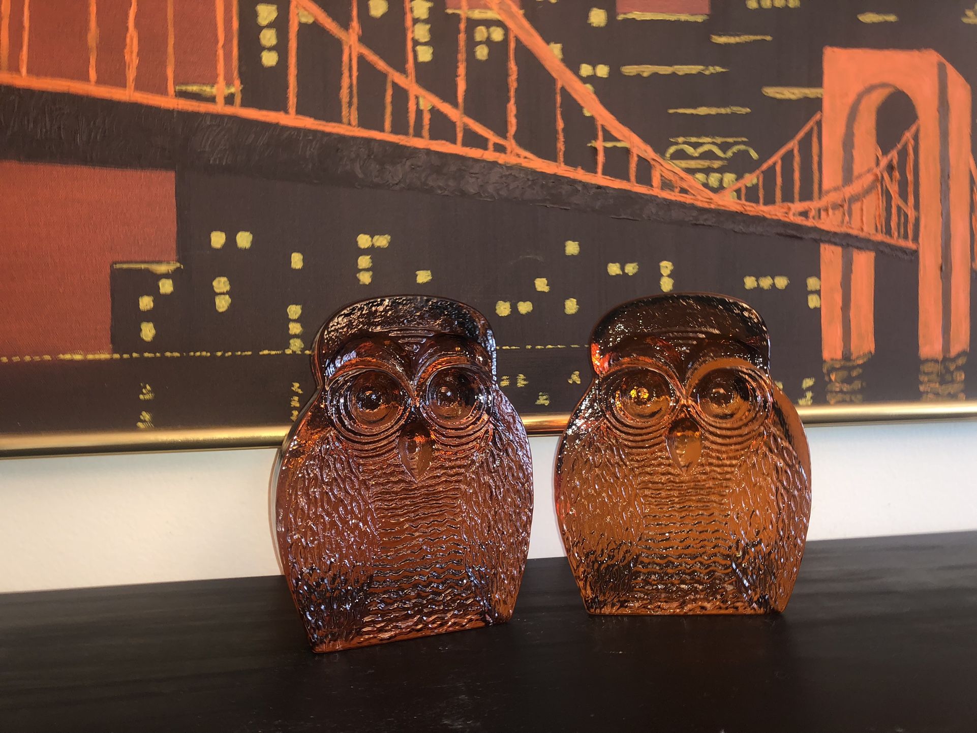 Pair of Mid Century Amber Glass Owl Bookends By Blenko