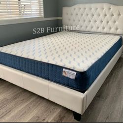 Queen White Crystal Button Bed