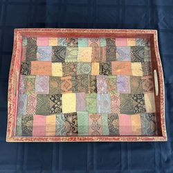 Cynthia Carey Tray Girl 1994 Patchwork Lacquer Serving Tray 18x14 Vintage
