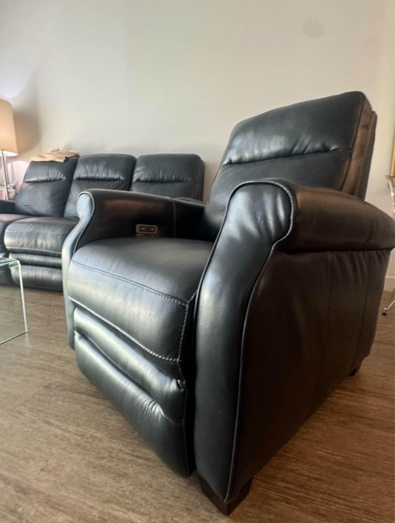 Like New Navy Leather Power Reclining Couches w/ USB Ports Raymour