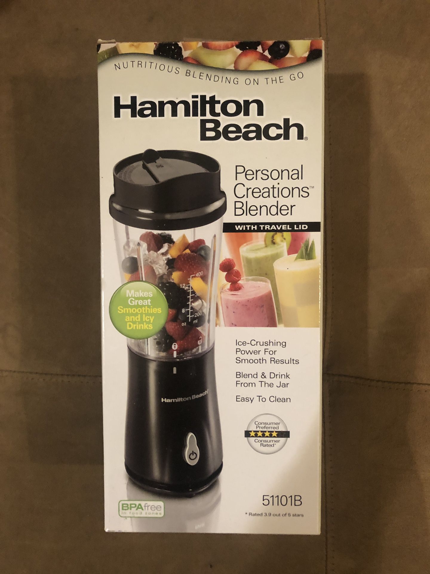 HAMILTON BEACH PERSONAL CREATIONS BLENDER BLEND AND DRINK FROM JAR BRAND NEW NEVER OPENED IN ORIGINAL PACKAGING WITH TRAVEL LID MODEL 51101B