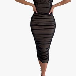 $15 Large Black One Shoulder Sleeveless Mesh Ruched Cocktail Party MIDI Bodycon Dress