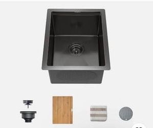 New TORVA 14" x 19" Black Undermount Single Bowl Kitchen Sink with Cutting Board