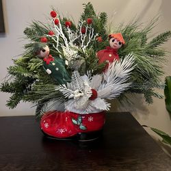 Christmas Floral Arrangement Fresh Evergreens Silk Vintage Kitschy Boot