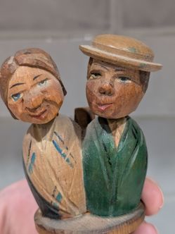 Antique Italian Wood Carved Folk Art Wine Stopper - Mechanical Couple