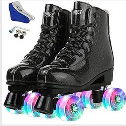 New Women Roller Skates Classic High-top for Adult Outdoor Skating Light-Up Four-Wheel Roller Skates with Safety Accessories.  Size 8