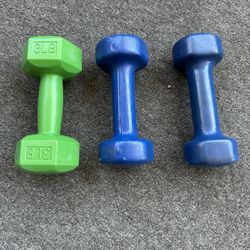 Dumbbells: Green is 3lb. Blues are 5lbs each. Trades welcome 