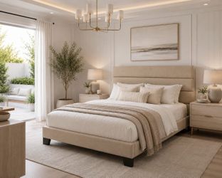 Queen bed Platform Bed Frame with Fabric Upholstered Headboard and Wooden Slats Support, Fully Upholstered Mattress Foundation/No Box Spring Needed/Ea