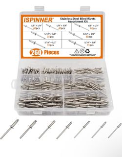 ISPINNER 260pcs Stainless Steel Blind Rivets, 7 Sizes Pop Rivets Assortment Kit