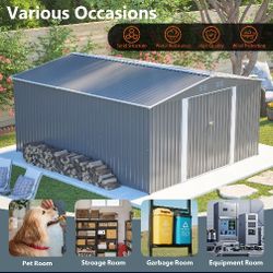 12×14 ft Outdoor Metal Storage Shed, Large Garden Tool Shed with Lockable Double Doors, Waterproof Yard Building, Patio, Light Gray