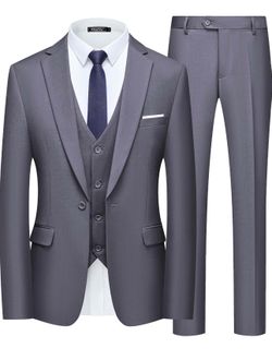 WULFUL Men's Size Small Slim Fit 3 Piece Suit, One Button Solid Blazer Business Party Jacket Vest Pants Set Dark Grey