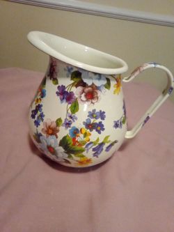 MACKENZIE CHILDS WHITE FLOWER MARKET LARGE ENAMEL PITCHER