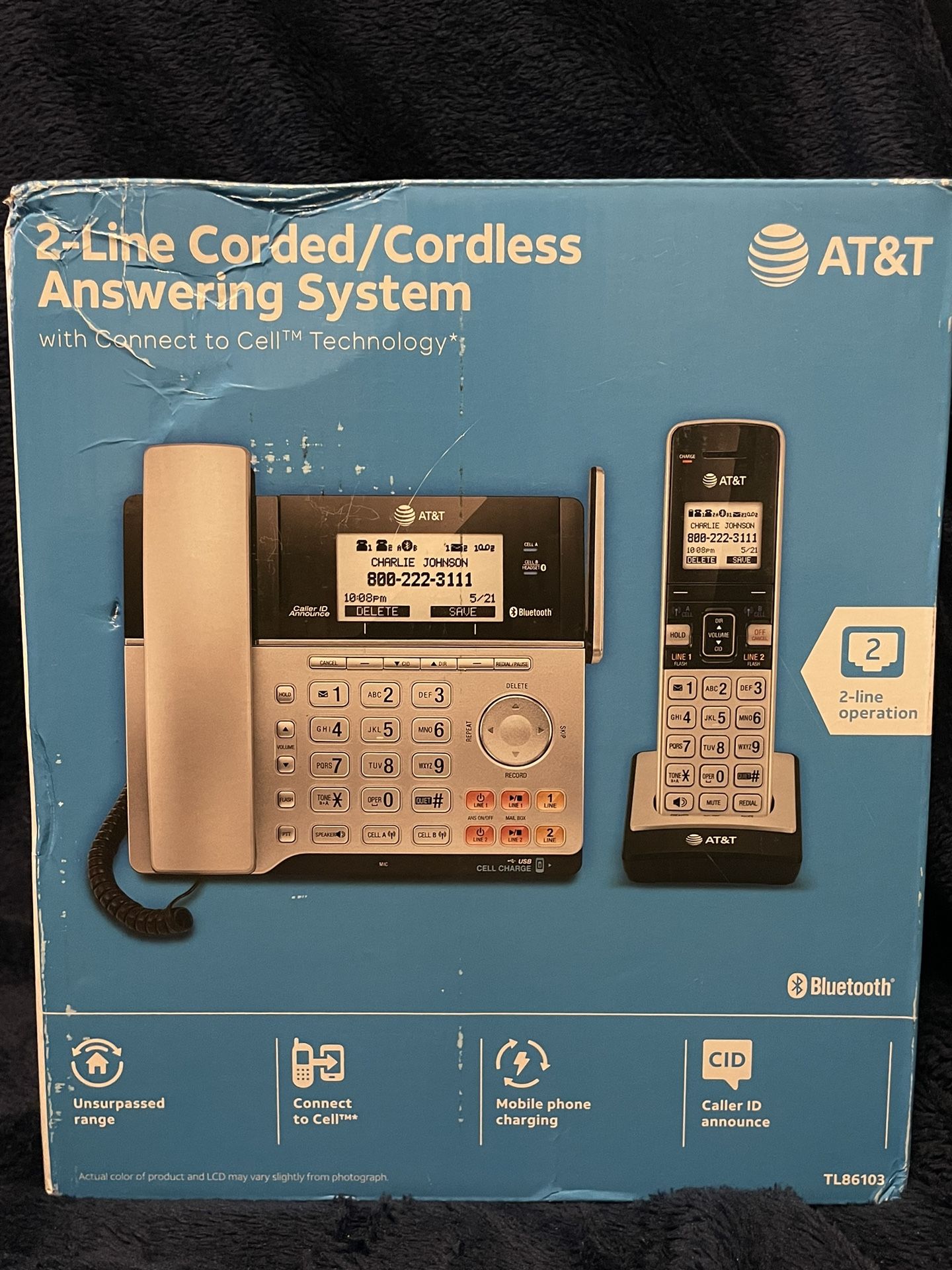 AT&T Phone 2-Line Connect to Cell Corded/Cordless Answering System TL86103 New