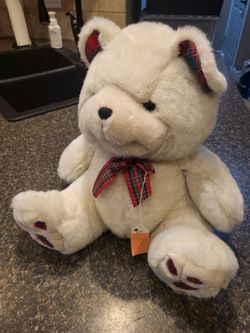 The Windsor Collection large plush white bear stuffie, red plaid ears/paws/ribbon approx 14" tall seated