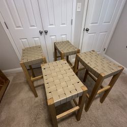 Set of 4  Bar Stools - 31”H Weathered Natural Wood Finish & Avanti Bone Vegan Leather