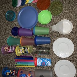 $5 Children’s Plastic Cups, Glass Saucers