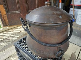 Vintage Copper Kettle With Cast Iron Handle With Fireplace Hook